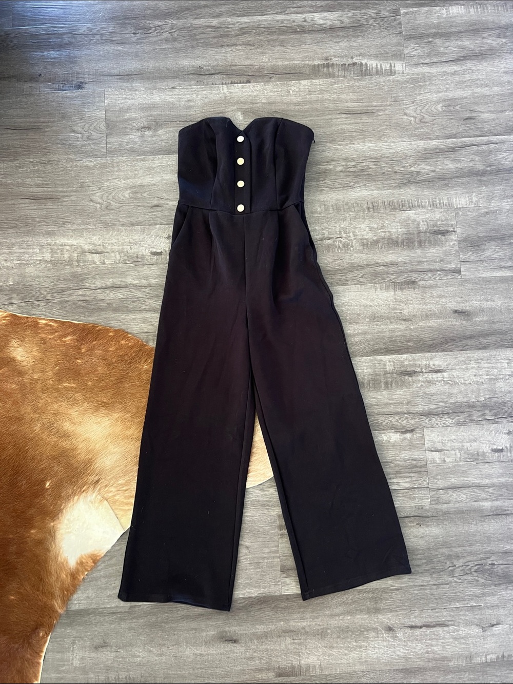 Strapless Black Wide-Leg Jumpsuit with Decorative Buttons
